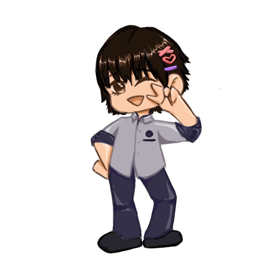 Chibi self-portrait of Ashly, winking with a peace sign